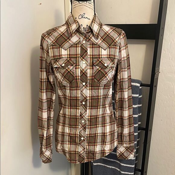 SOLD True Religion Plaid Pockets Button-Up Shirt Western Cowgirl Boho Festival - Picture 1 of 10